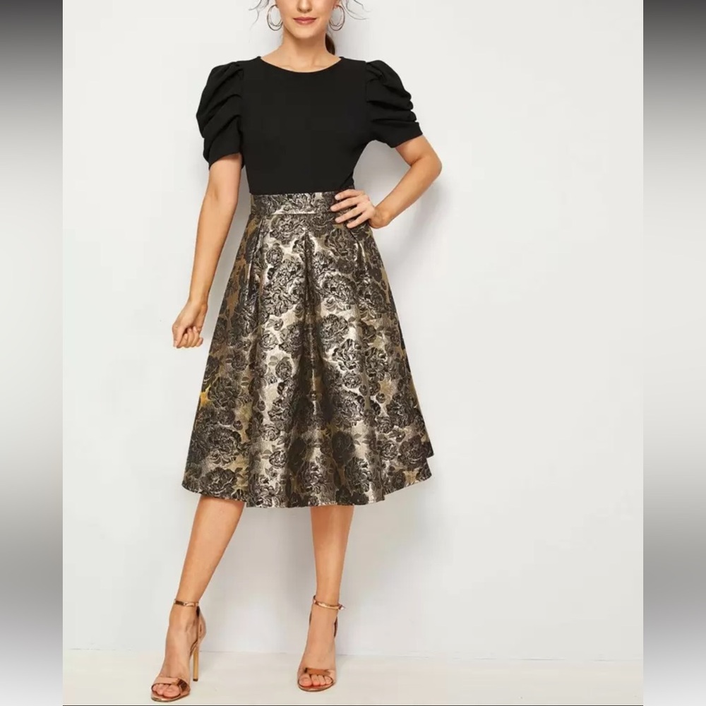 Elegant Dress Black and Gold Metallic Floral